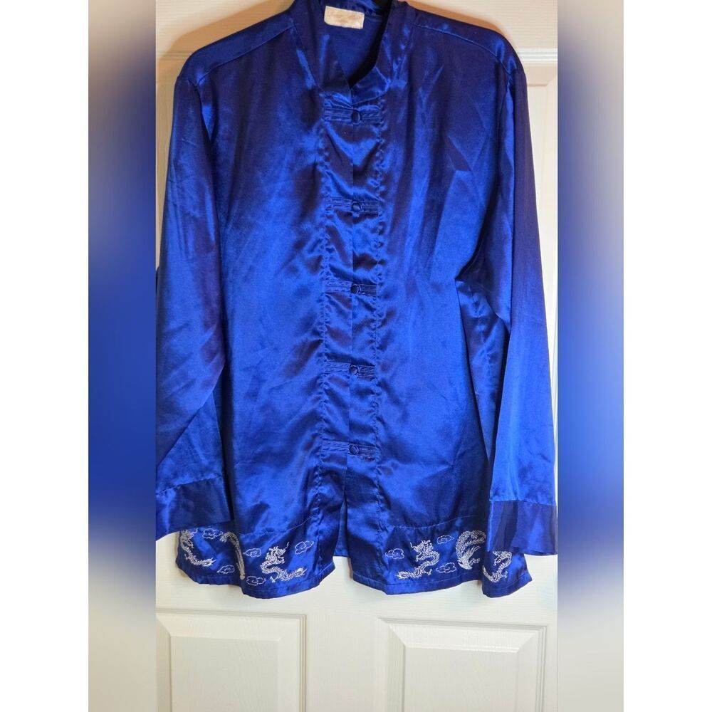 Vtg Inner Most XXL Royal Blue Embroidered Silk Style Satin LSlv Women Pajama Top